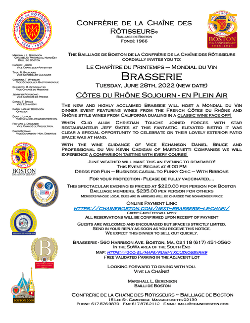 2i Chaine Boston Brasserie Invitation June 28th, 2022