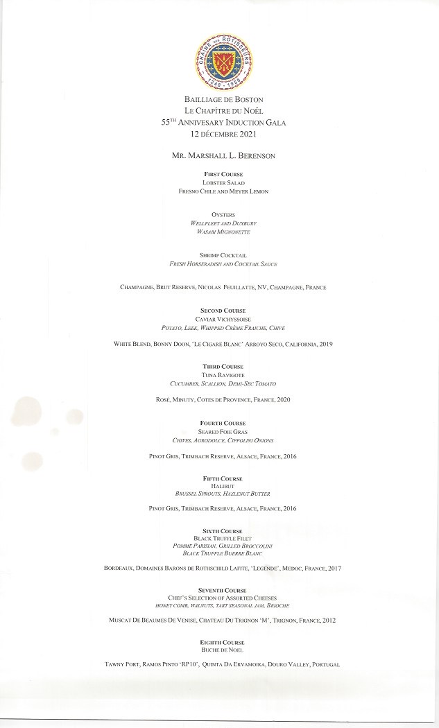 Boston Chaine 2022 Holiday Gala Menu - The Newbury