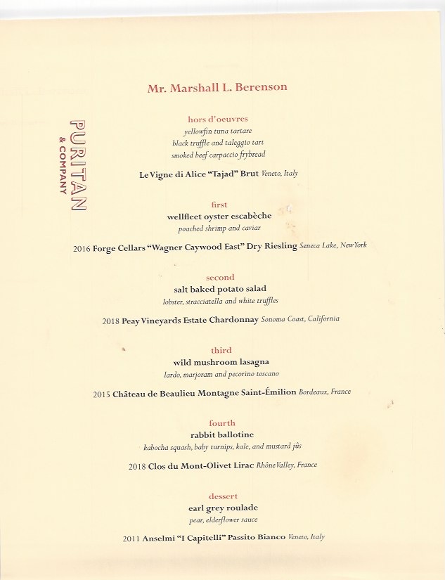 Boston Chaine November 2021 Puritan & Co Menu